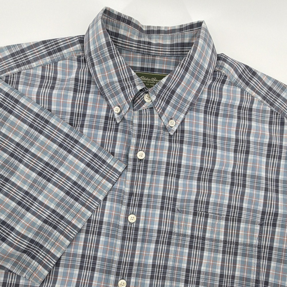 Eddie Bauer Button Down Shirt Men L Plaid Short Sleeve Cotton Woven Pockets